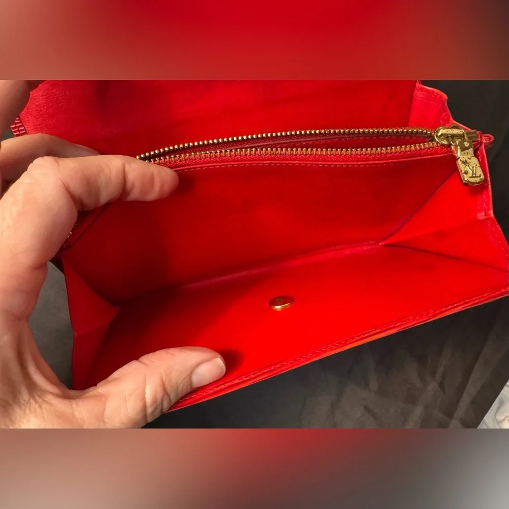 LV Louis Vuitton Red EPI Long Wallet w/ Unbranded Chain for Crossbody w/COA